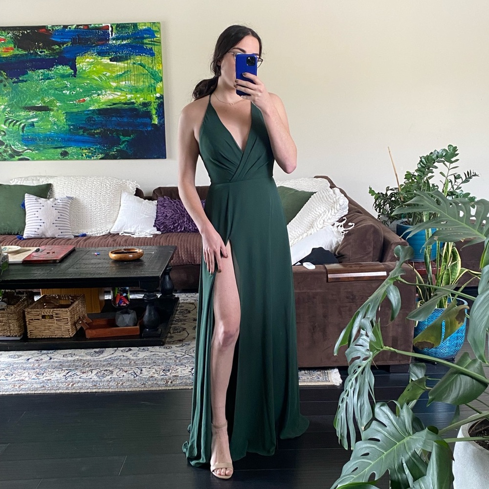 Jenny Yoo Deep Green Halter Maxi Dress with Thigh Slit